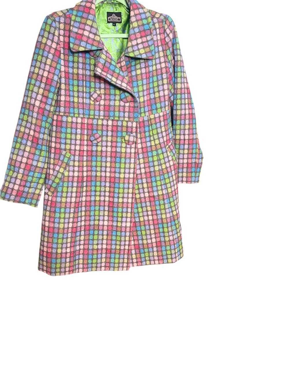 Angie Pastel Fall Winter Small Square Pattern Double-Breasted Pea Coat sz S
